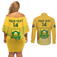 Custom South Africa Soccer Couples Matching Off Shoulder Short Dress and Long Sleeve Button Shirts 2023 World Cup Go Banyana Banyana Yellow - Wonder Print Shop