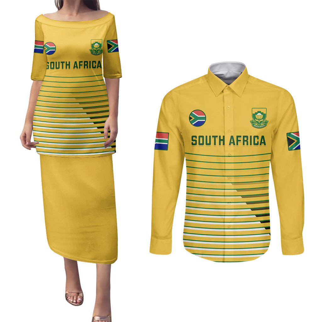 Custom South Africa Soccer Couples Matching Puletasi Dress and Long Sleeve Button Shirts 2023 World Cup Go Banyana Banyana Yellow - Wonder Print Shop