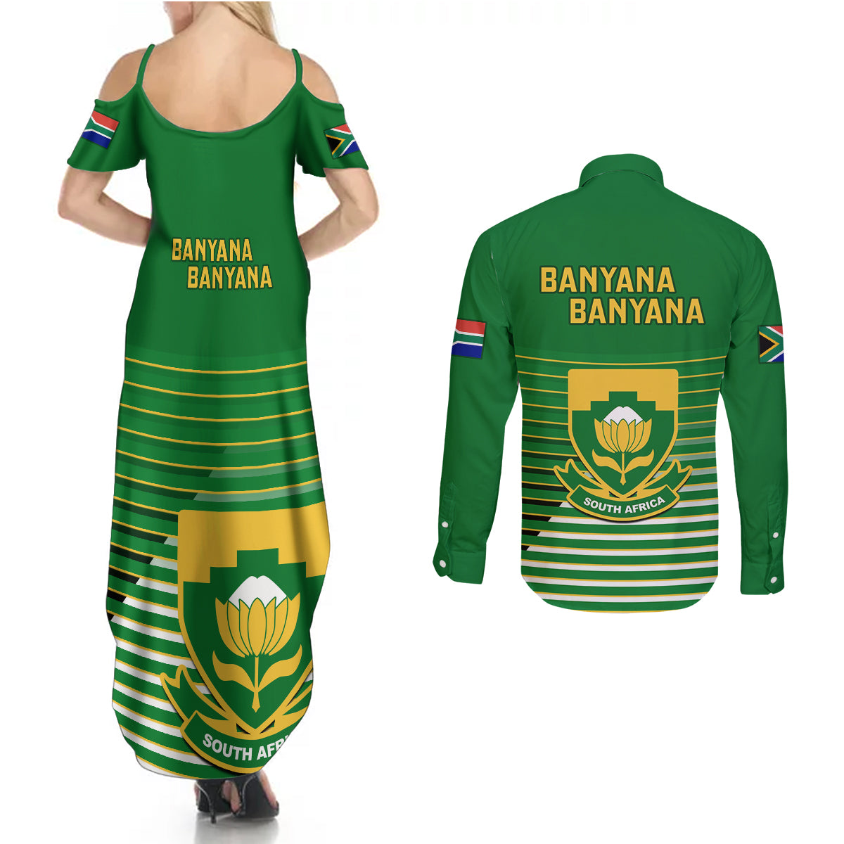 South Africa Soccer Couples Matching Summer Maxi Dress and Long Sleeve Button Shirts 2023 World Cup Go Banyana Banyana Green - Wonder Print Shop