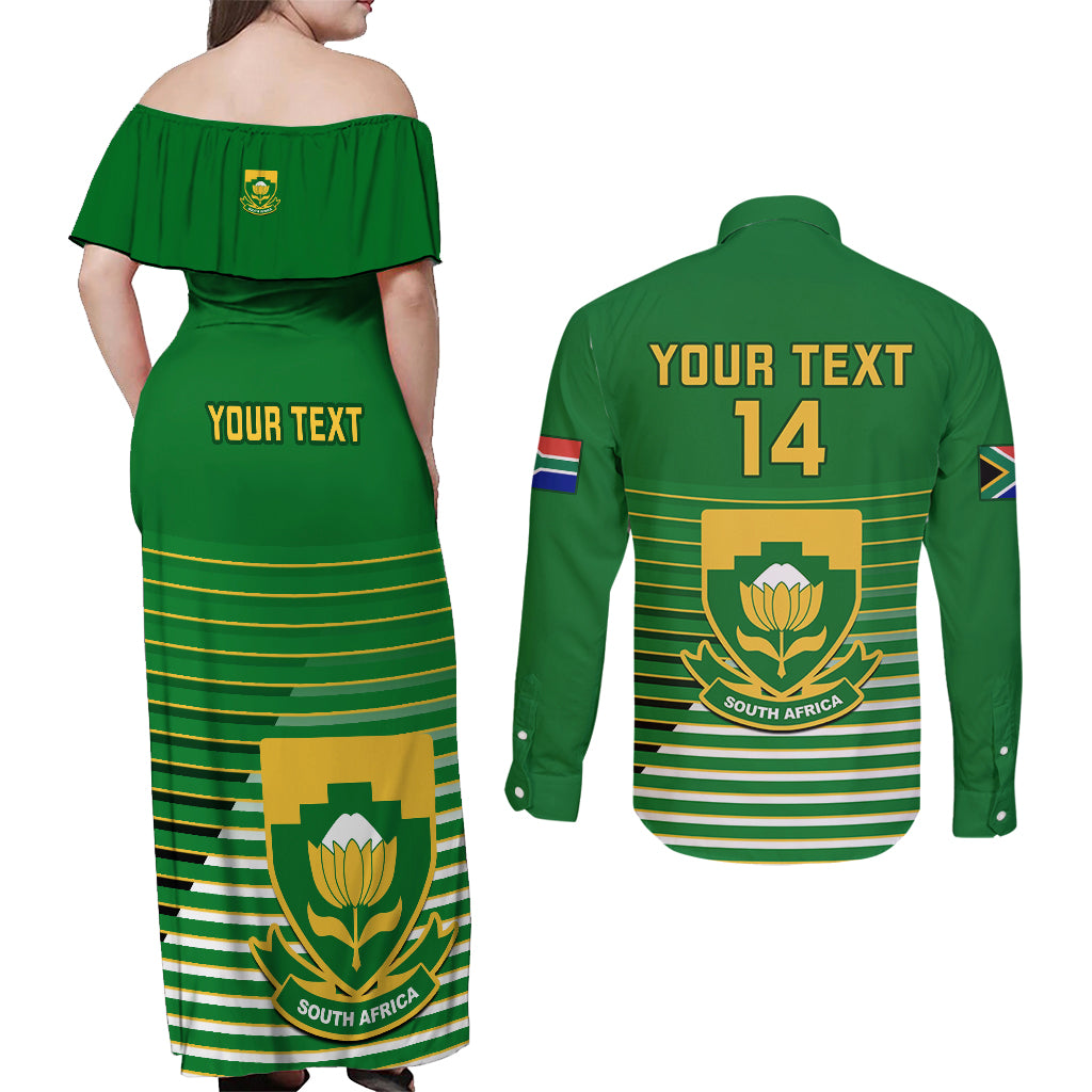 Custom South Africa Soccer Couples Matching Off Shoulder Maxi Dress and Long Sleeve Button Shirts 2023 World Cup Go Banyana Banyana Green - Wonder Print Shop