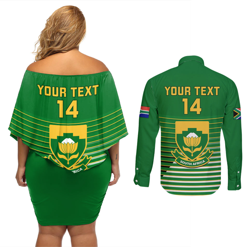 Custom South Africa Soccer Couples Matching Off Shoulder Short Dress and Long Sleeve Button Shirts 2023 World Cup Go Banyana Banyana Green - Wonder Print Shop