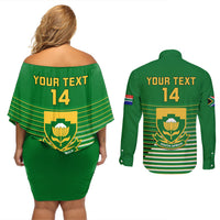 Custom South Africa Soccer Couples Matching Off Shoulder Short Dress and Long Sleeve Button Shirts 2023 World Cup Go Banyana Banyana Green - Wonder Print Shop