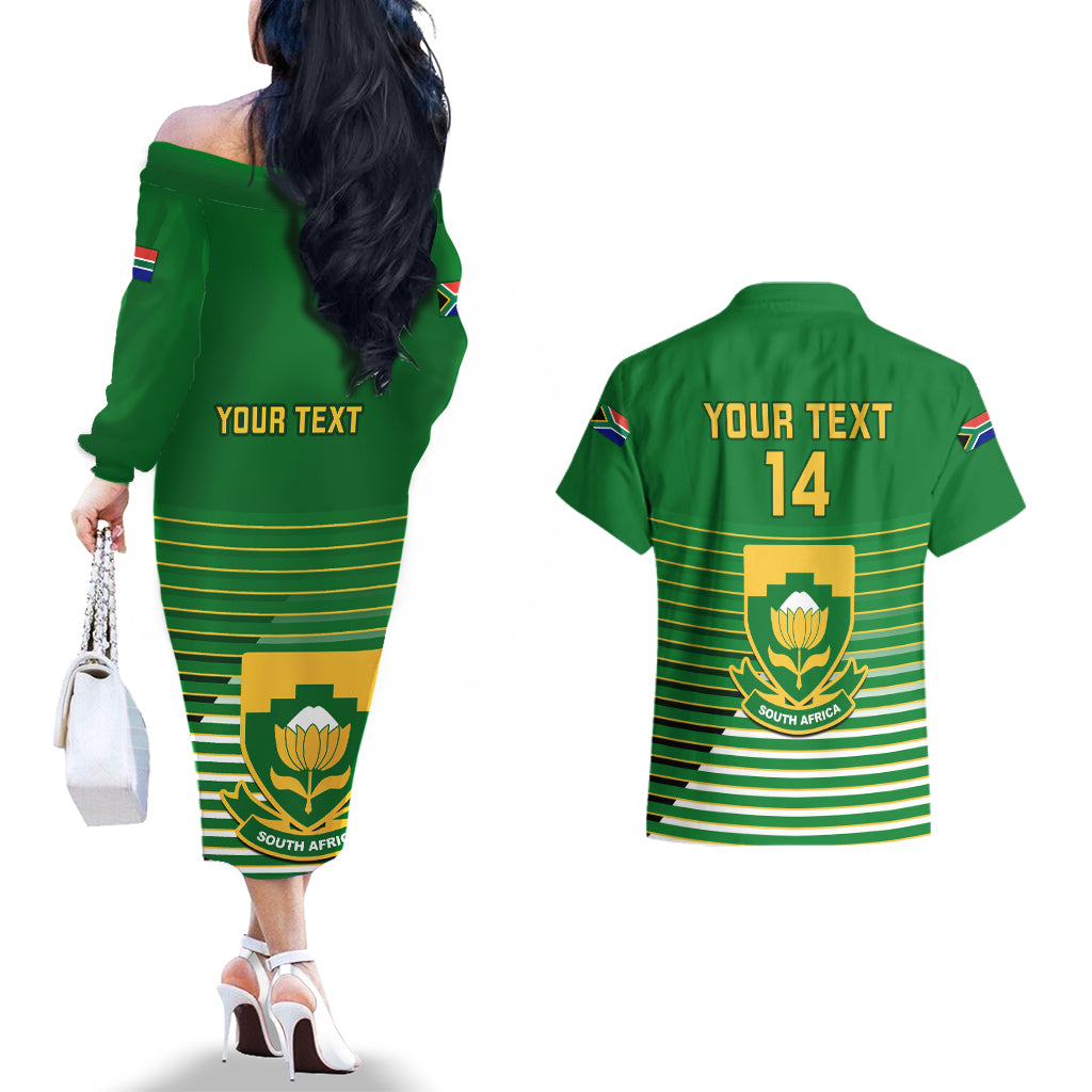 Custom South Africa Soccer Couples Matching Off The Shoulder Long Sleeve Dress and Hawaiian Shirt 2023 World Cup Go Banyana Banyana Green - Wonder Print Shop