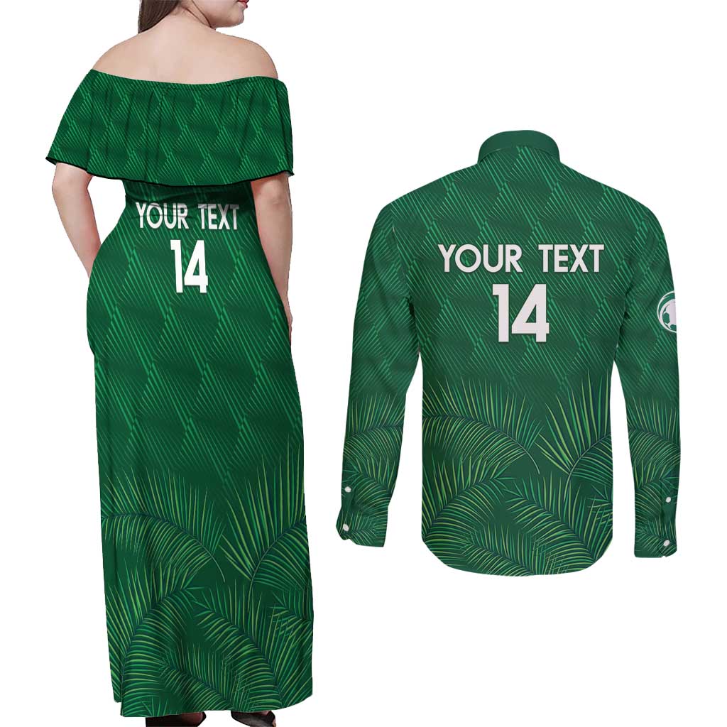 Custom Saudi Arabia Football Couples Matching Off Shoulder Maxi Dress and Long Sleeve Button Shirt Go Green Falcons Sporty Style - Wonder Print Shop