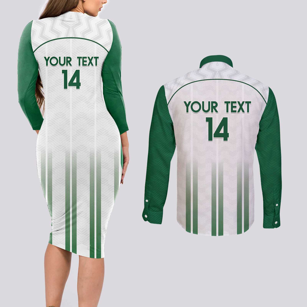 Custom Saudi Arabia Football Couples Matching Long Sleeve Bodycon Dress and Long Sleeve Button Shirt Go Green Falcons Sporty - White Version - Wonder Print Shop