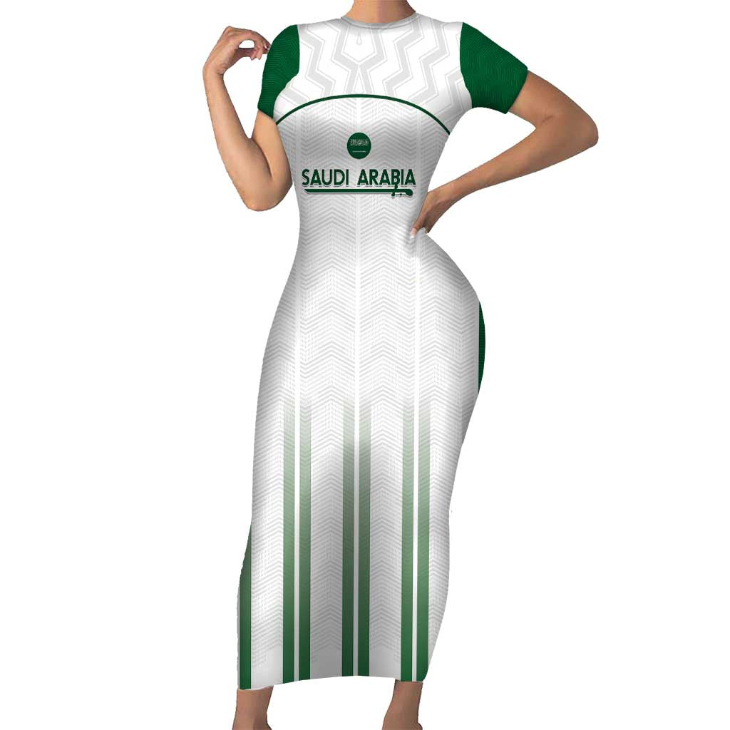 Custom Saudi Arabia Football Family Matching Short Sleeve Bodycon Dress and Hawaiian Shirt Go Green Falcons Sporty - White Version - Wonder Print Shop