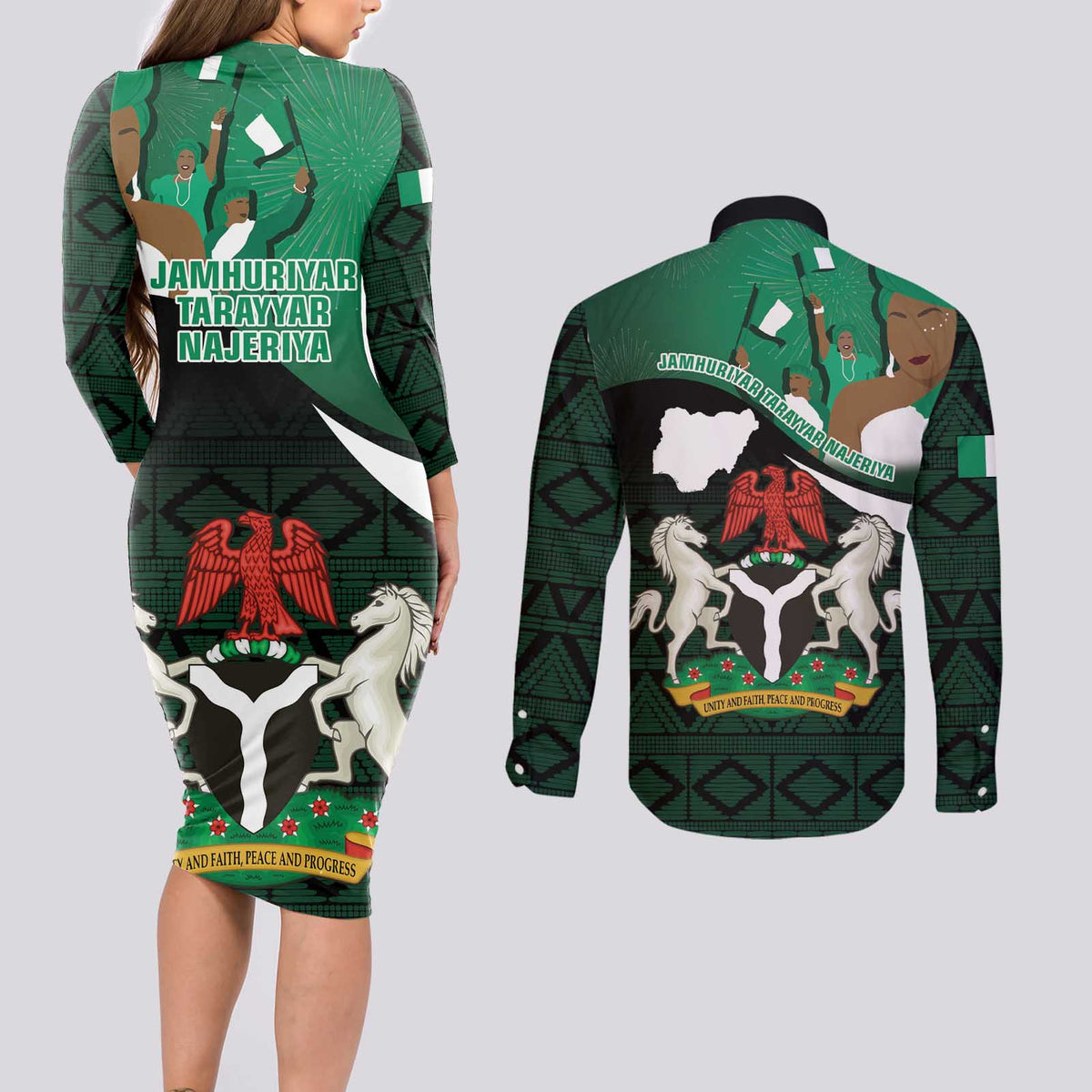 Nigeria Independence Day Couples Matching Long Sleeve Bodycon Dress and Long Sleeve Button Shirt Happy 64 Years Of Anniversary African Pattern - Wonder Print Shop