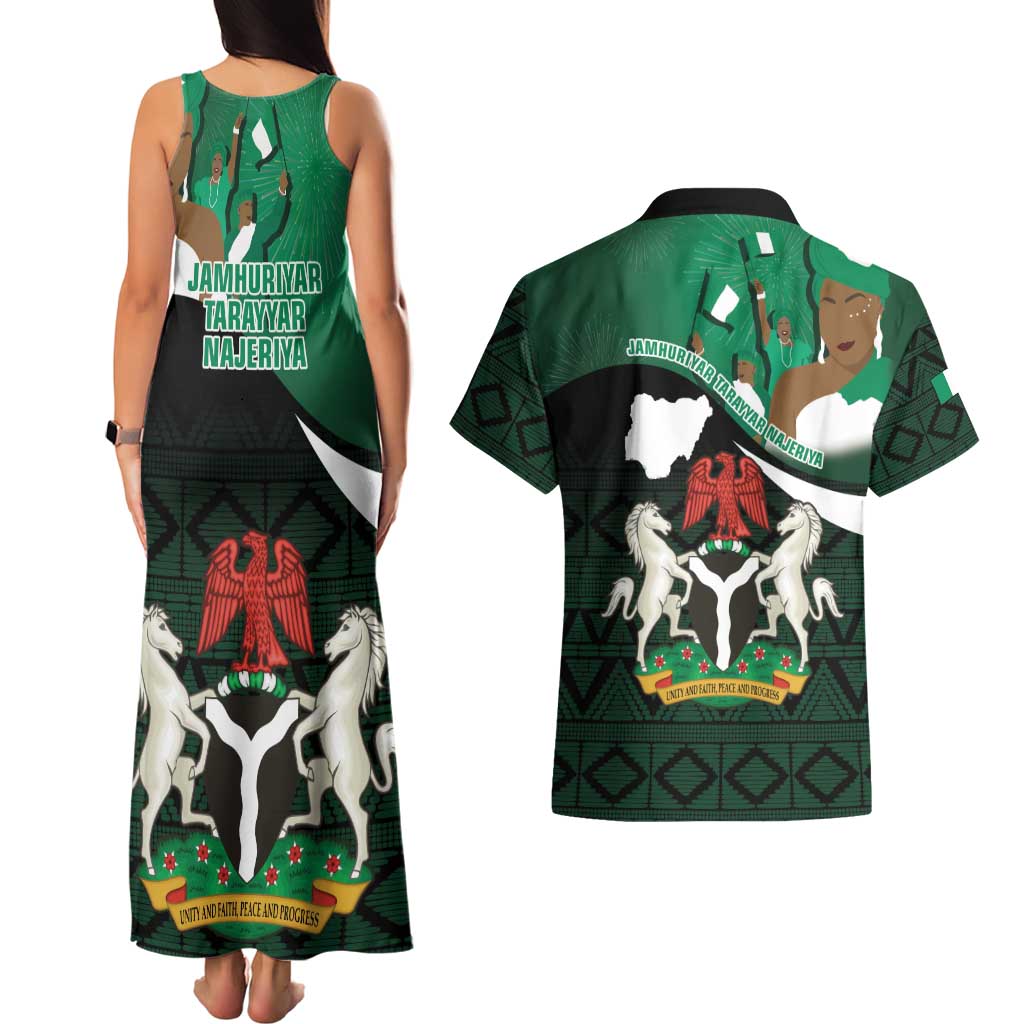Nigeria Independence Day Couples Matching Tank Maxi Dress and Hawaiian Shirt Happy 64 Years Of Anniversary African Pattern - Wonder Print Shop