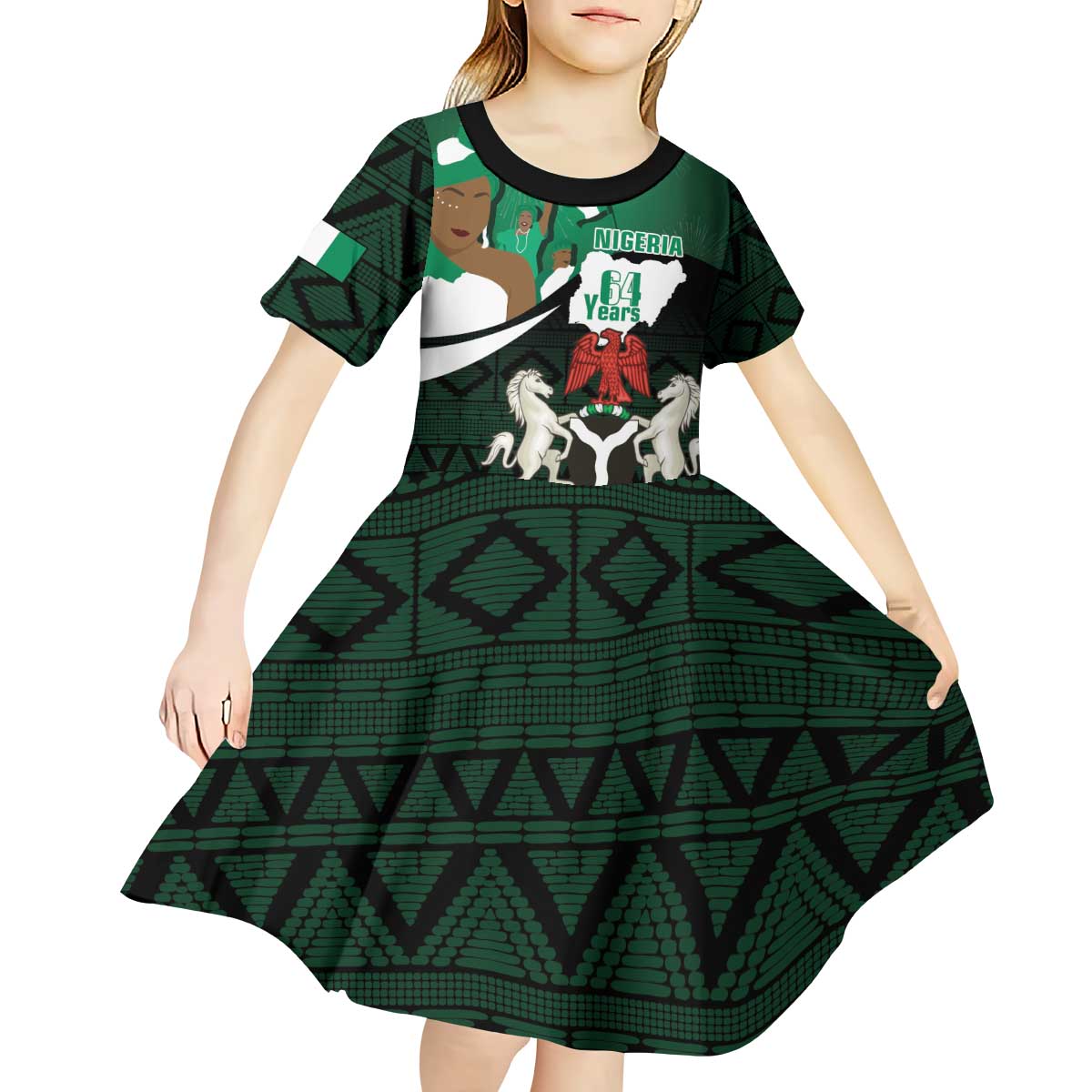 Nigeria Independence Day Kid Short Sleeve Dress Happy 64 Years Of Anniversary African Pattern - Wonder Print Shop