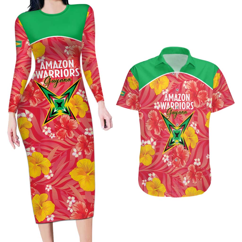 Custom Guyana Cricket Couples Matching Long Sleeve Bodycon Dress and Hawaiian Shirt 2025 Go Amazon Warriors Tropical Style - Wonder Print Shop