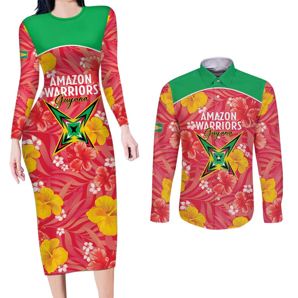 Custom Guyana Cricket Couples Matching Long Sleeve Bodycon Dress and Long Sleeve Button Shirt 2025 Go Amazon Warriors Tropical Style - Wonder Print Shop