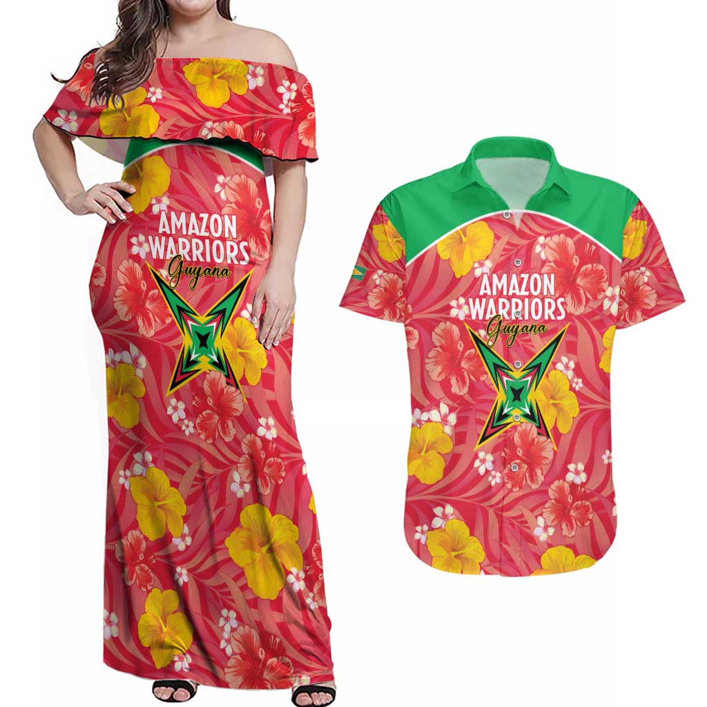 Custom Guyana Cricket Couples Matching Off Shoulder Maxi Dress and Hawaiian Shirt 2025 Go Amazon Warriors Tropical Style - Wonder Print Shop