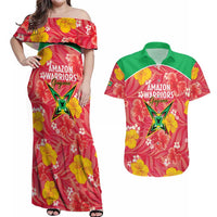 Custom Guyana Cricket Couples Matching Off Shoulder Maxi Dress and Hawaiian Shirt 2025 Go Amazon Warriors Tropical Style - Wonder Print Shop
