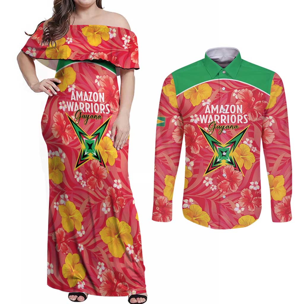 Custom Guyana Cricket Couples Matching Off Shoulder Maxi Dress and Long Sleeve Button Shirt 2025 Go Amazon Warriors Tropical Style - Wonder Print Shop