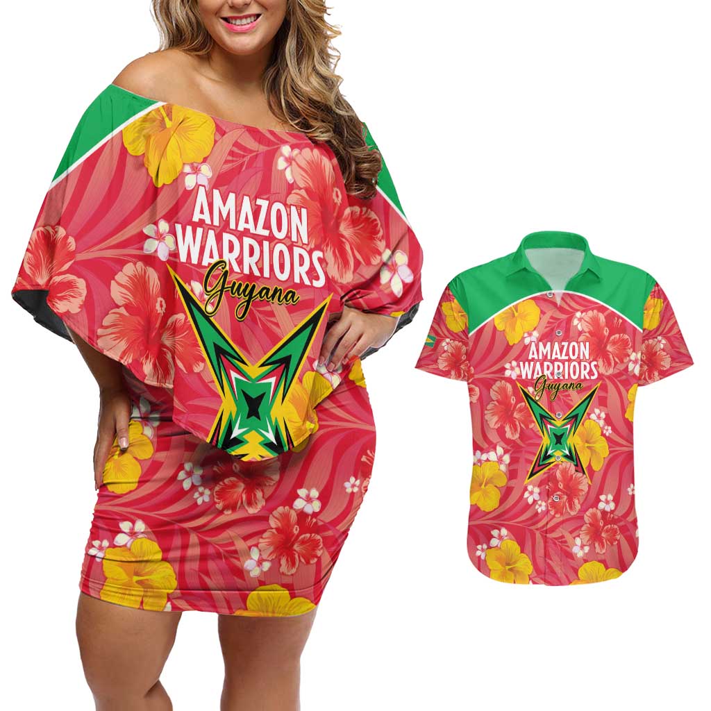 Custom Guyana Cricket Couples Matching Off Shoulder Short Dress and Hawaiian Shirt 2025 Go Amazon Warriors Tropical Style - Wonder Print Shop