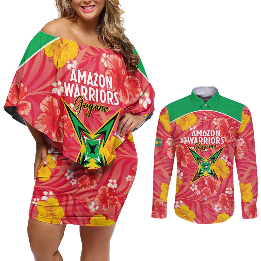 Custom Guyana Cricket Couples Matching Off Shoulder Short Dress and Long Sleeve Button Shirt 2025 Go Amazon Warriors Tropical Style - Wonder Print Shop