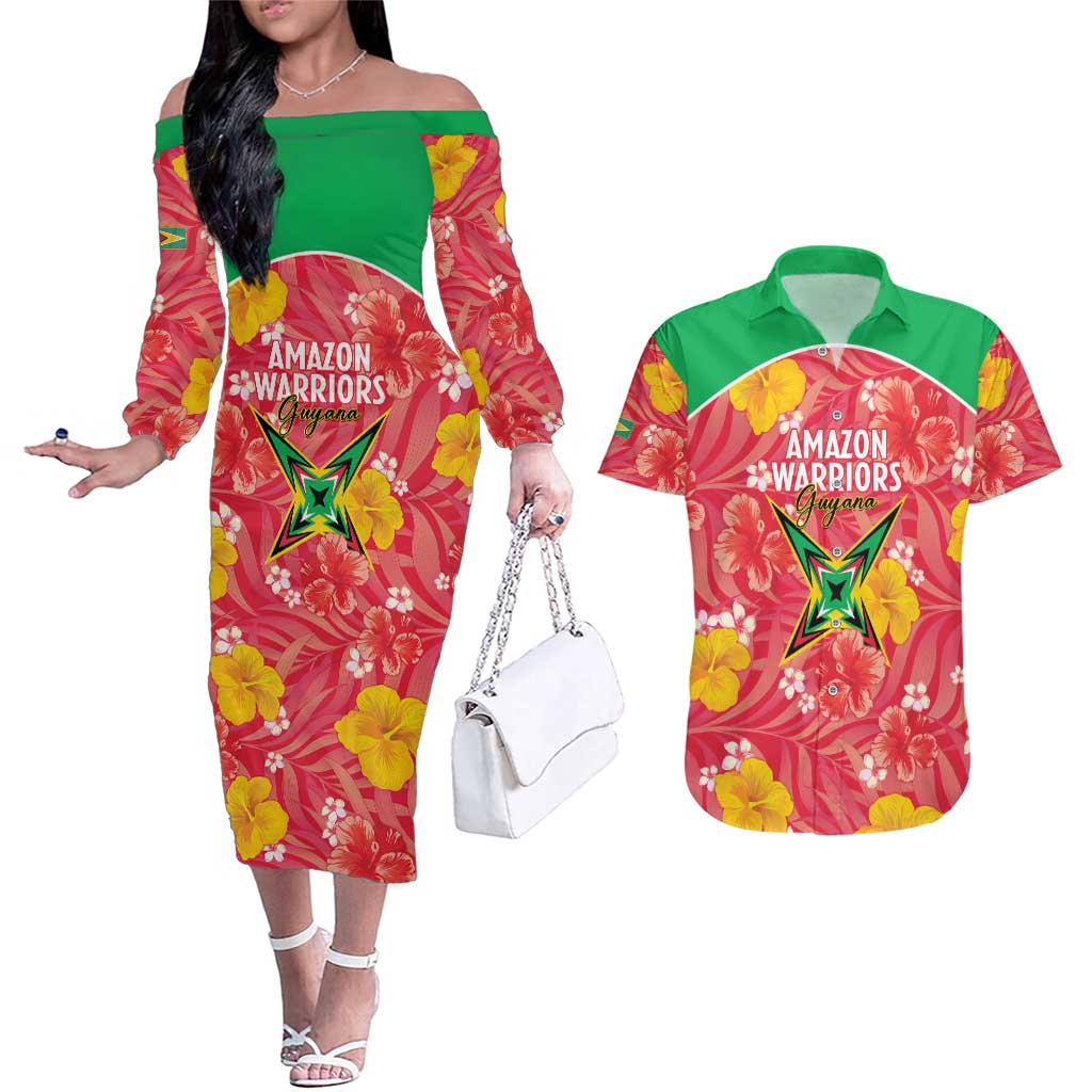 Custom Guyana Cricket Couples Matching Off The Shoulder Long Sleeve Dress and Hawaiian Shirt 2025 Go Amazon Warriors Tropical Style - Wonder Print Shop