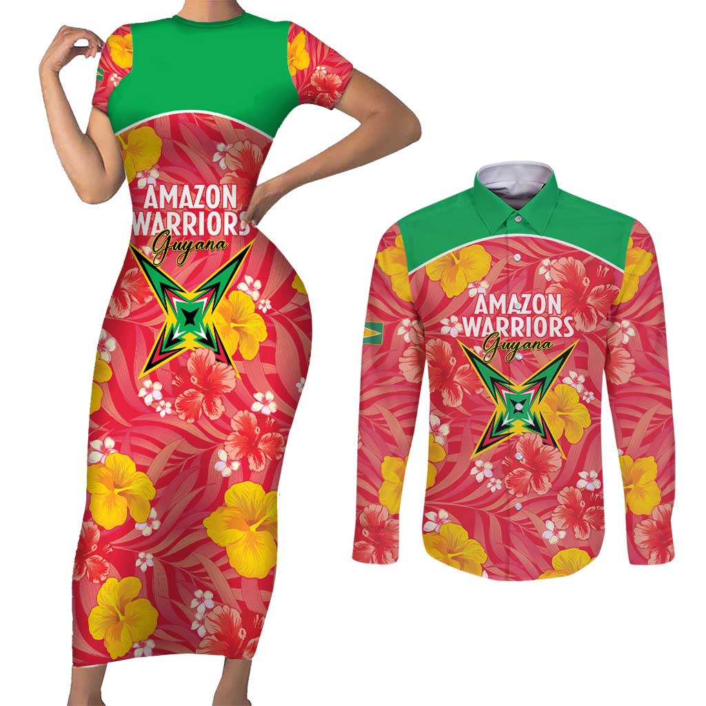 Custom Guyana Cricket Couples Matching Short Sleeve Bodycon Dress and Long Sleeve Button Shirt 2025 Go Amazon Warriors Tropical Style - Wonder Print Shop