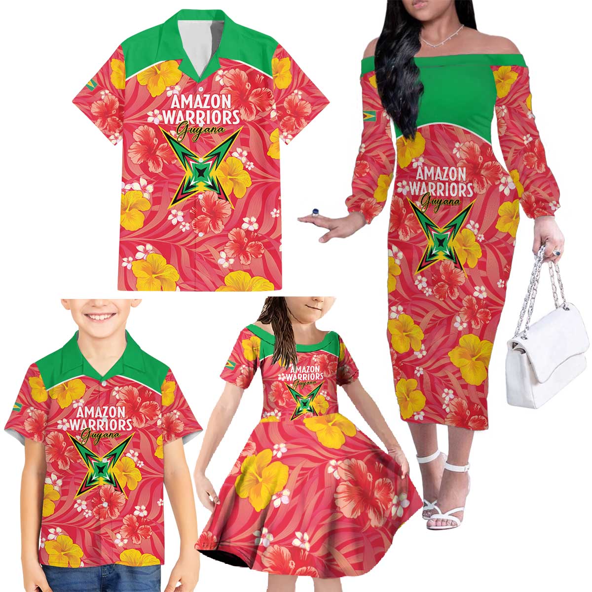Custom Guyana Cricket Family Matching Off The Shoulder Long Sleeve Dress and Hawaiian Shirt 2025 Go Amazon Warriors Tropical Style - Wonder Print Shop