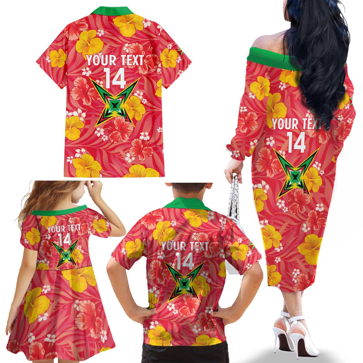 Custom Guyana Cricket Family Matching Off The Shoulder Long Sleeve Dress and Hawaiian Shirt 2025 Go Amazon Warriors Tropical Style - Wonder Print Shop