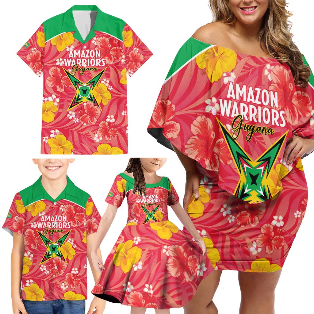 Custom Guyana Cricket Family Matching Off Shoulder Short Dress and Hawaiian Shirt 2025 Go Amazon Warriors Tropical Style - Wonder Print Shop
