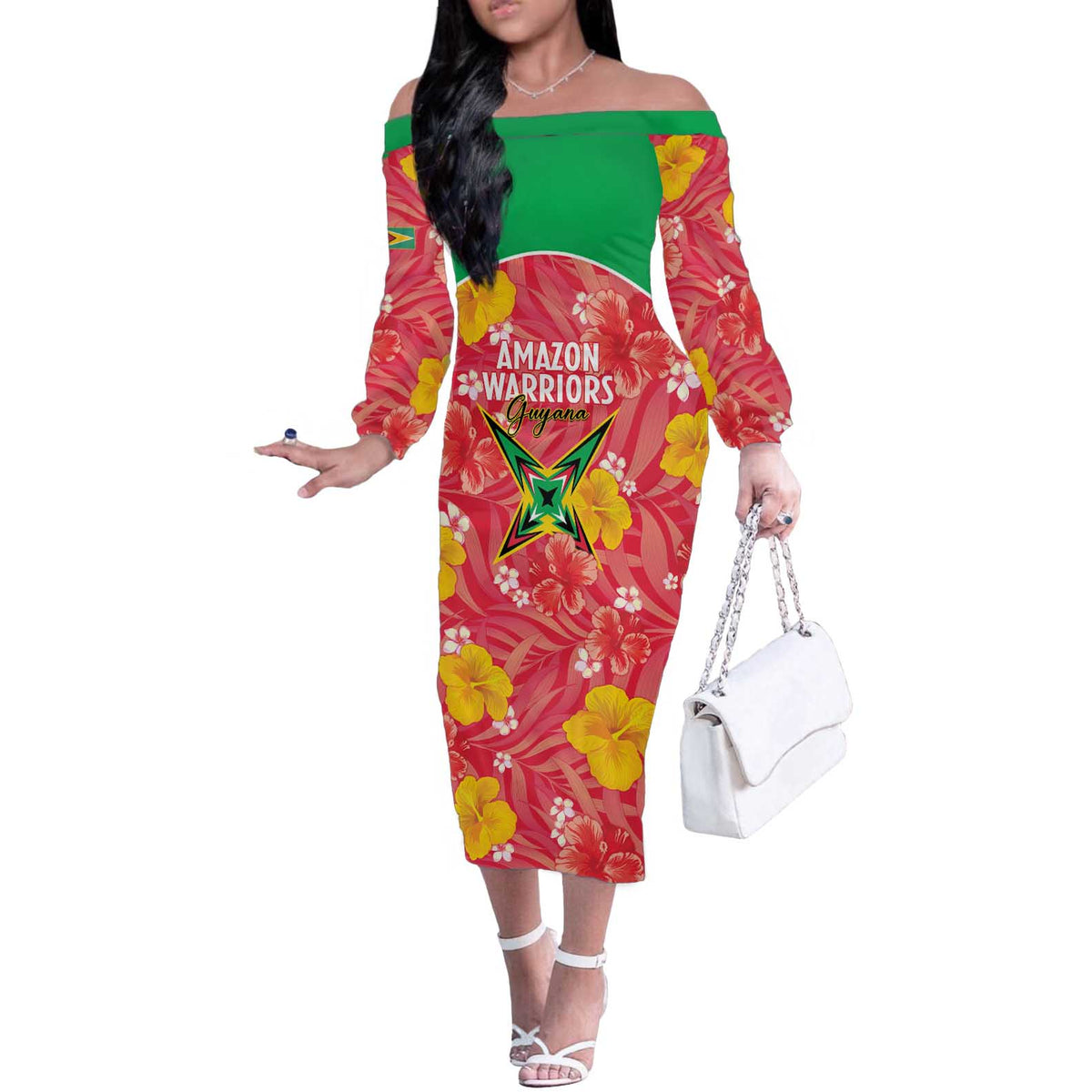 Custom Guyana Cricket Off The Shoulder Long Sleeve Dress 2025 Go Amazon Warriors Tropical Style - Wonder Print Shop