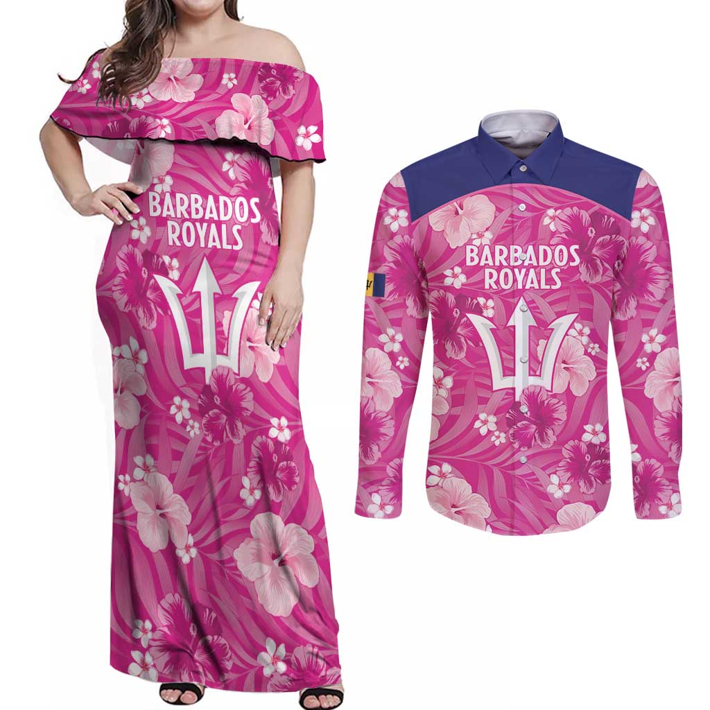 Custom Barbados Royals Cricket Couples Matching Off Shoulder Maxi Dress and Long Sleeve Button Shirt 2025 Go Tridents Tropical Style - Wonder Print Shop