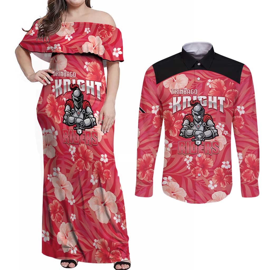 Custom Trinidad and Tobago Cricket Couples Matching Off Shoulder Maxi Dress and Long Sleeve Button Shirt 2025 Go Knight Riders Tropical Style - Wonder Print Shop