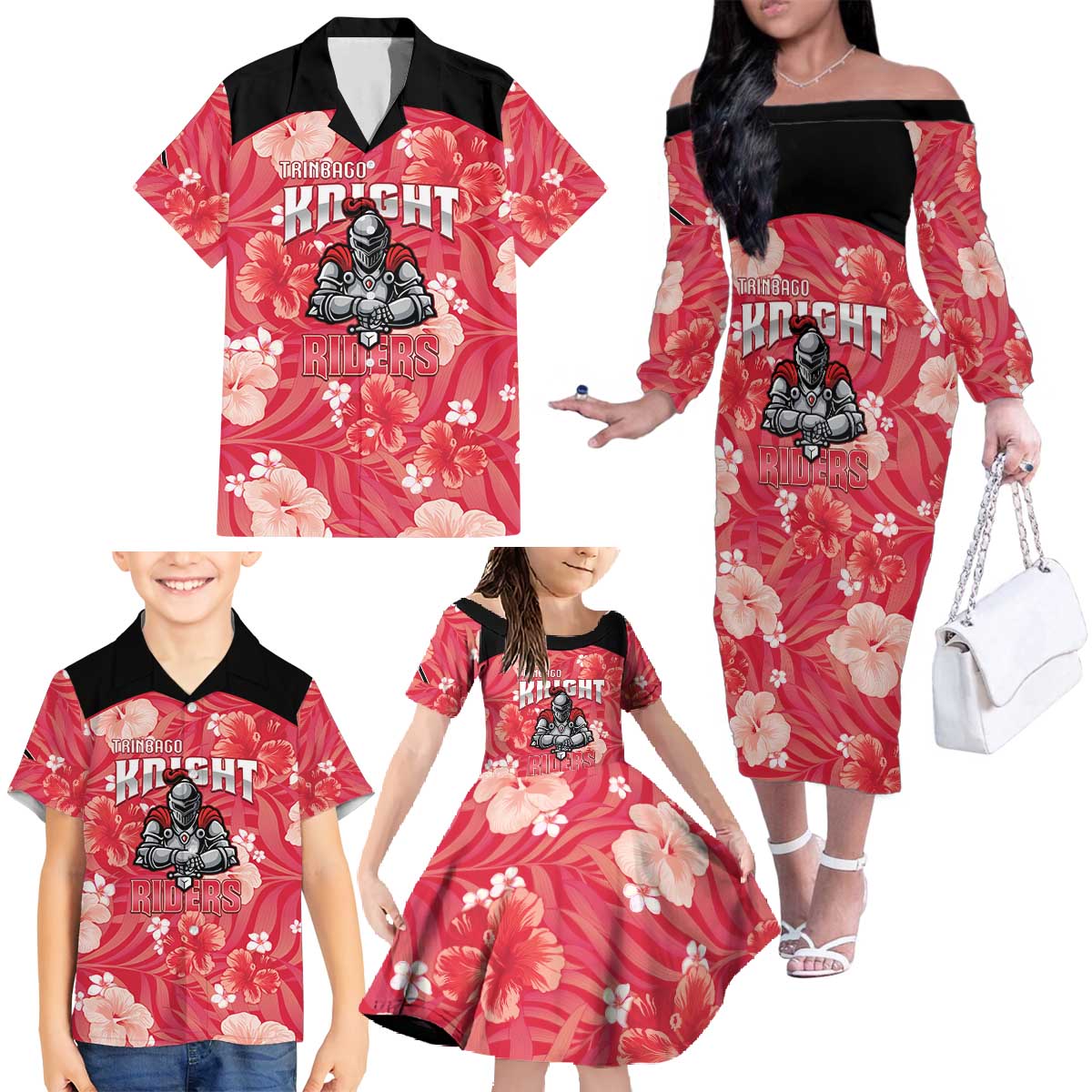 Custom Trinidad and Tobago Cricket Family Matching Off The Shoulder Long Sleeve Dress and Hawaiian Shirt 2025 Go Knight Riders Tropical Style - Wonder Print Shop