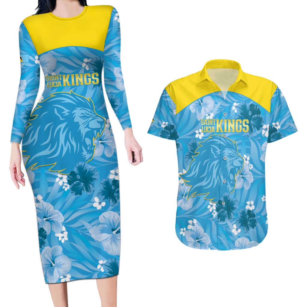 Custom Saint Lucia Kings Cricket Couples Matching Long Sleeve Bodycon Dress and Hawaiian Shirt 2025 Go Beinspired Tropical Style - Wonder Print Shop