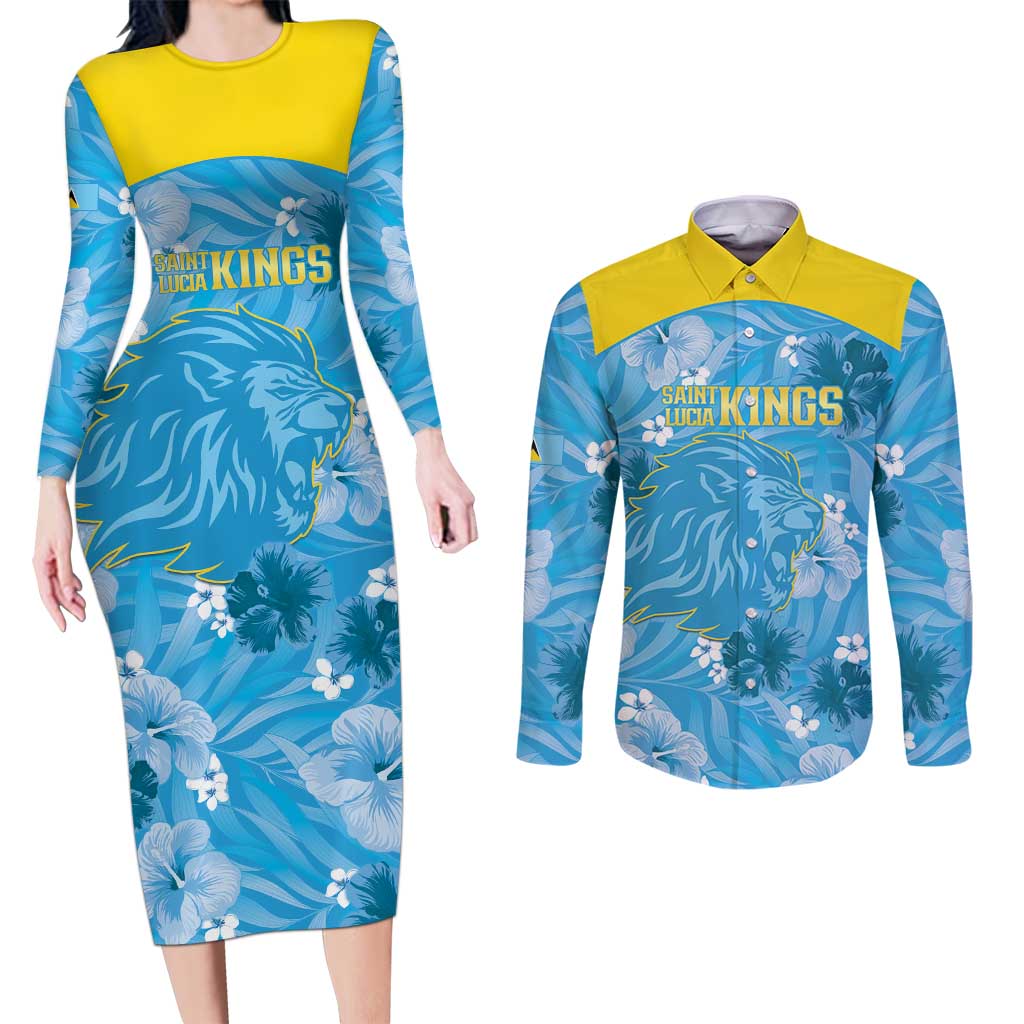 Custom Saint Lucia Kings Cricket Couples Matching Long Sleeve Bodycon Dress and Long Sleeve Button Shirt 2025 Go Beinspired Tropical Style - Wonder Print Shop