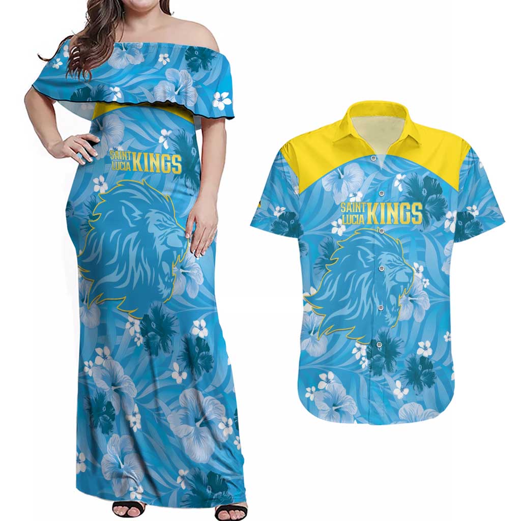 Custom Saint Lucia Kings Cricket Couples Matching Off Shoulder Maxi Dress and Hawaiian Shirt 2025 Go Beinspired Tropical Style - Wonder Print Shop
