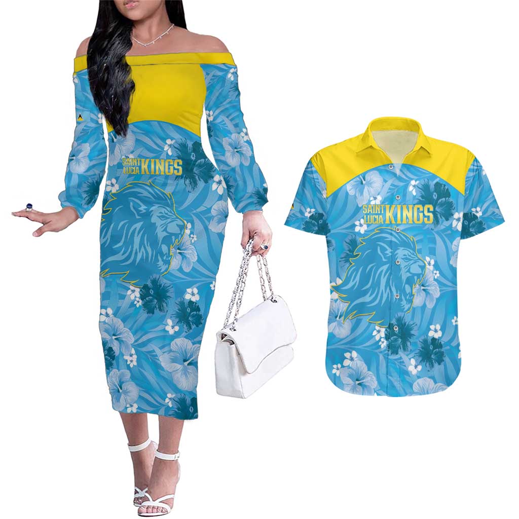 Custom Saint Lucia Kings Cricket Couples Matching Off The Shoulder Long Sleeve Dress and Hawaiian Shirt 2025 Go Beinspired Tropical Style - Wonder Print Shop