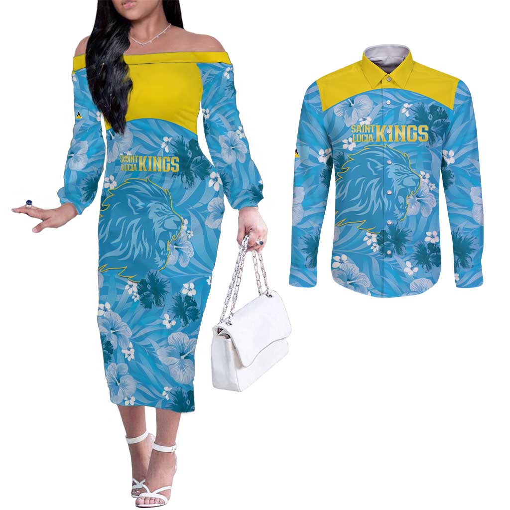 Custom Saint Lucia Kings Cricket Couples Matching Off The Shoulder Long Sleeve Dress and Long Sleeve Button Shirt 2025 Go Beinspired Tropical Style - Wonder Print Shop