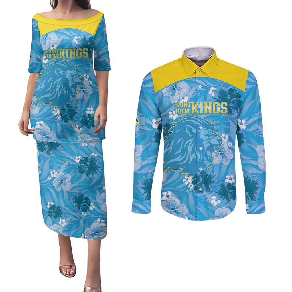 Custom Saint Lucia Kings Cricket Couples Matching Puletasi and Long Sleeve Button Shirt 2025 Go Beinspired Tropical Style - Wonder Print Shop