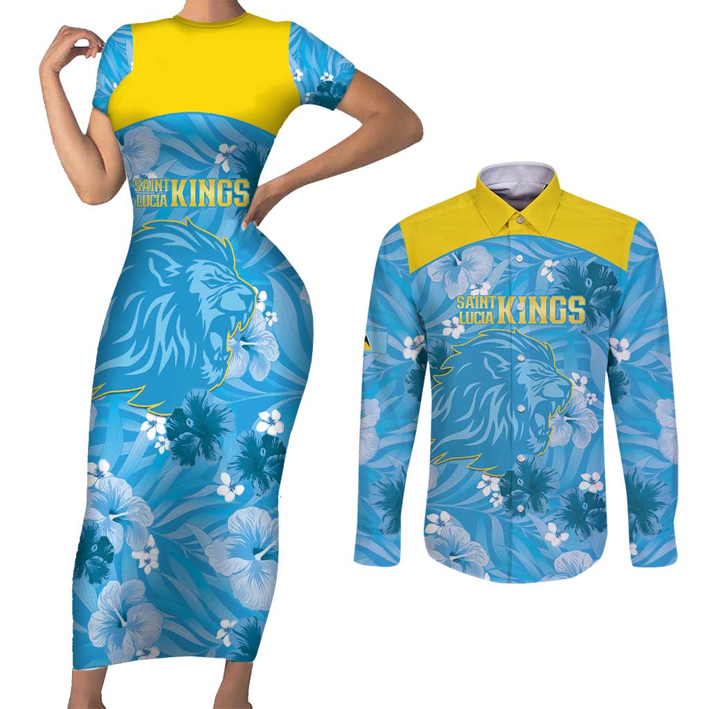 Custom Saint Lucia Kings Cricket Couples Matching Short Sleeve Bodycon Dress and Long Sleeve Button Shirt 2025 Go Beinspired Tropical Style - Wonder Print Shop