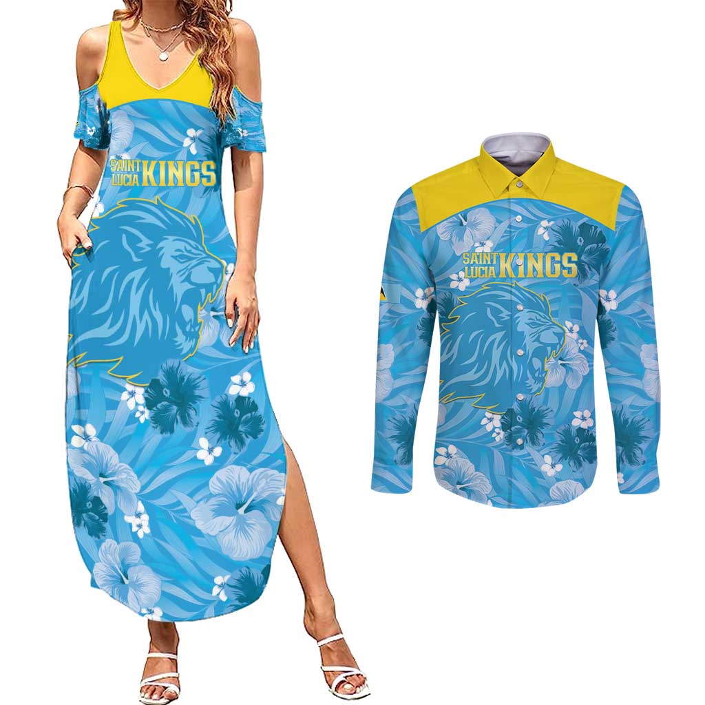 Custom Saint Lucia Kings Cricket Couples Matching Summer Maxi Dress and Long Sleeve Button Shirt 2025 Go Beinspired Tropical Style - Wonder Print Shop
