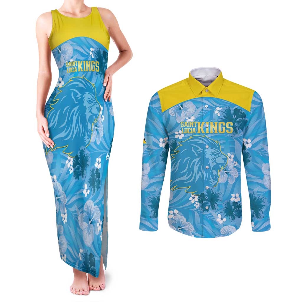 Custom Saint Lucia Kings Cricket Couples Matching Tank Maxi Dress and Long Sleeve Button Shirt 2025 Go Beinspired Tropical Style - Wonder Print Shop
