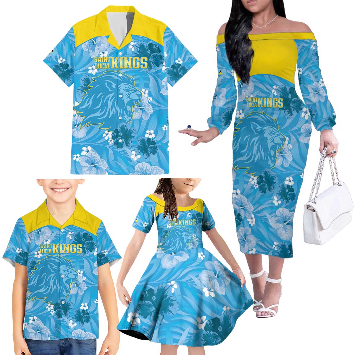 Custom Saint Lucia Kings Cricket Family Matching Off The Shoulder Long Sleeve Dress and Hawaiian Shirt 2025 Go Beinspired Tropical Style - Wonder Print Shop