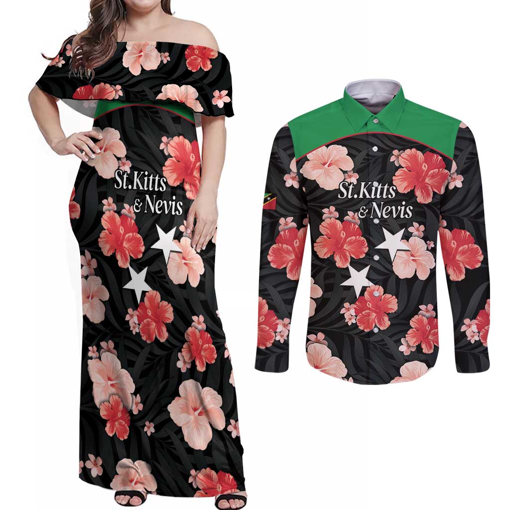 Custom Saint Kitts and Nevis Cricket Couples Matching Off Shoulder Maxi Dress and Long Sleeve Button Shirt 2025 Go Patriots Tropical Style - Wonder Print Shop