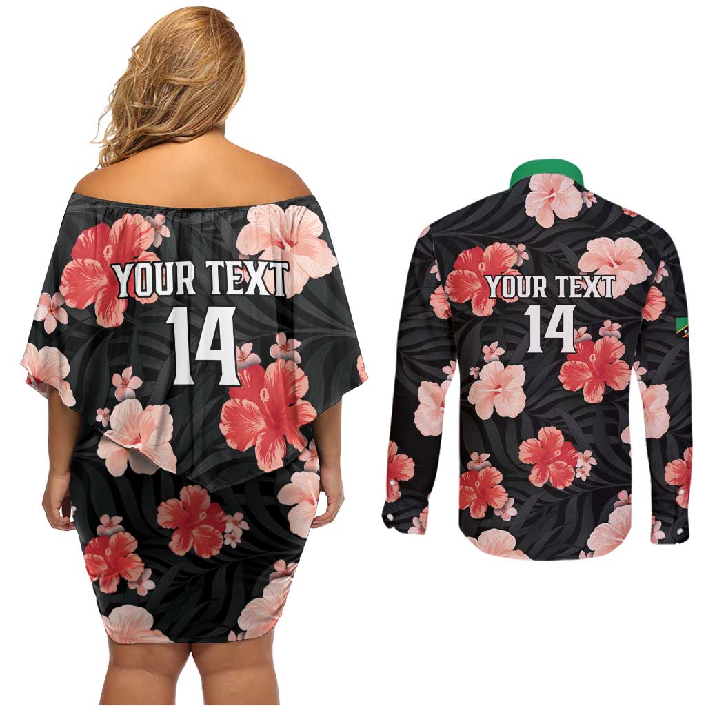 Custom Saint Kitts and Nevis Cricket Couples Matching Off Shoulder Short Dress and Long Sleeve Button Shirt 2025 Go Patriots Tropical Style - Wonder Print Shop
