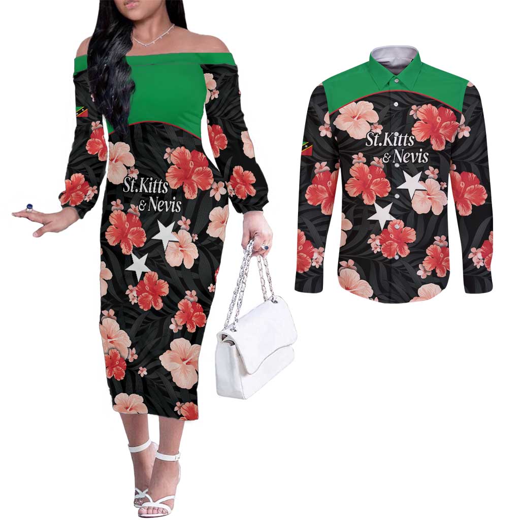 Custom Saint Kitts and Nevis Cricket Couples Matching Off The Shoulder Long Sleeve Dress and Long Sleeve Button Shirt 2025 Go Patriots Tropical Style - Wonder Print Shop