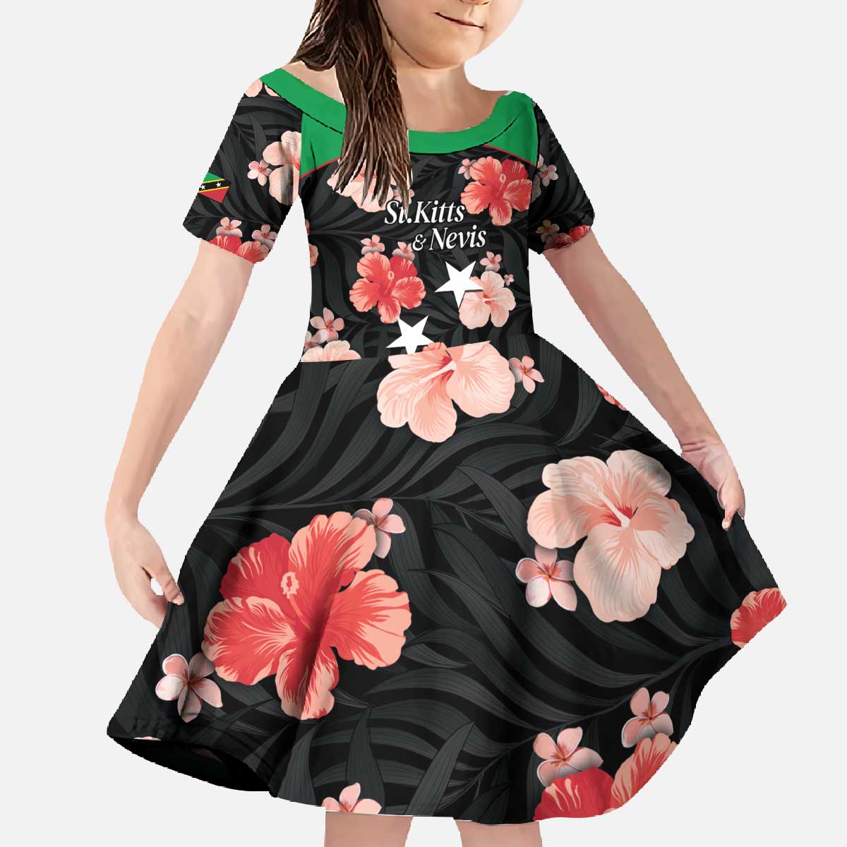 Custom Saint Kitts and Nevis Cricket Family Matching Off The Shoulder Long Sleeve Dress and Hawaiian Shirt 2025 Go Patriots Tropical Style - Wonder Print Shop