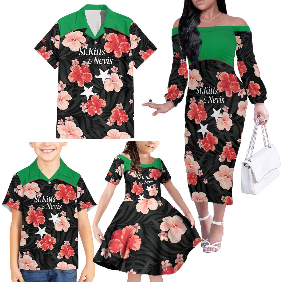 Custom Saint Kitts and Nevis Cricket Family Matching Off The Shoulder Long Sleeve Dress and Hawaiian Shirt 2025 Go Patriots Tropical Style - Wonder Print Shop