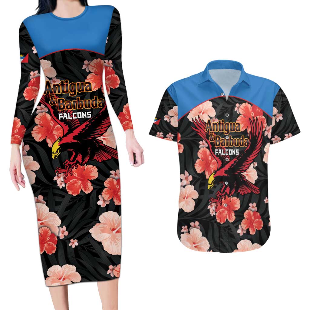 Custom Antigua and Barbuda Cricket Couples Matching Long Sleeve Bodycon Dress and Hawaiian Shirt 2025 Go Falcons Tropical Style - Wonder Print Shop
