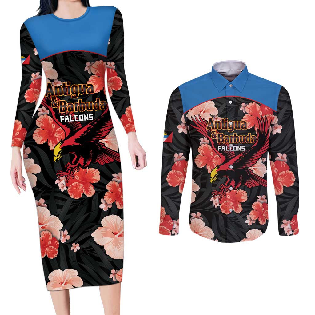 Custom Antigua and Barbuda Cricket Couples Matching Long Sleeve Bodycon Dress and Long Sleeve Button Shirt 2025 Go Falcons Tropical Style - Wonder Print Shop