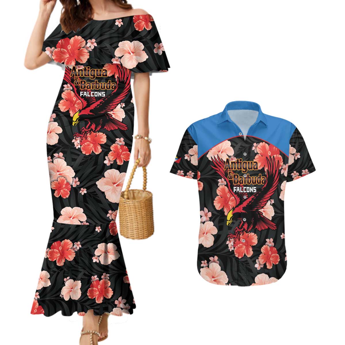 Custom Antigua and Barbuda Cricket Couples Matching Mermaid Dress and Hawaiian Shirt 2025 Go Falcons Tropical Style - Wonder Print Shop