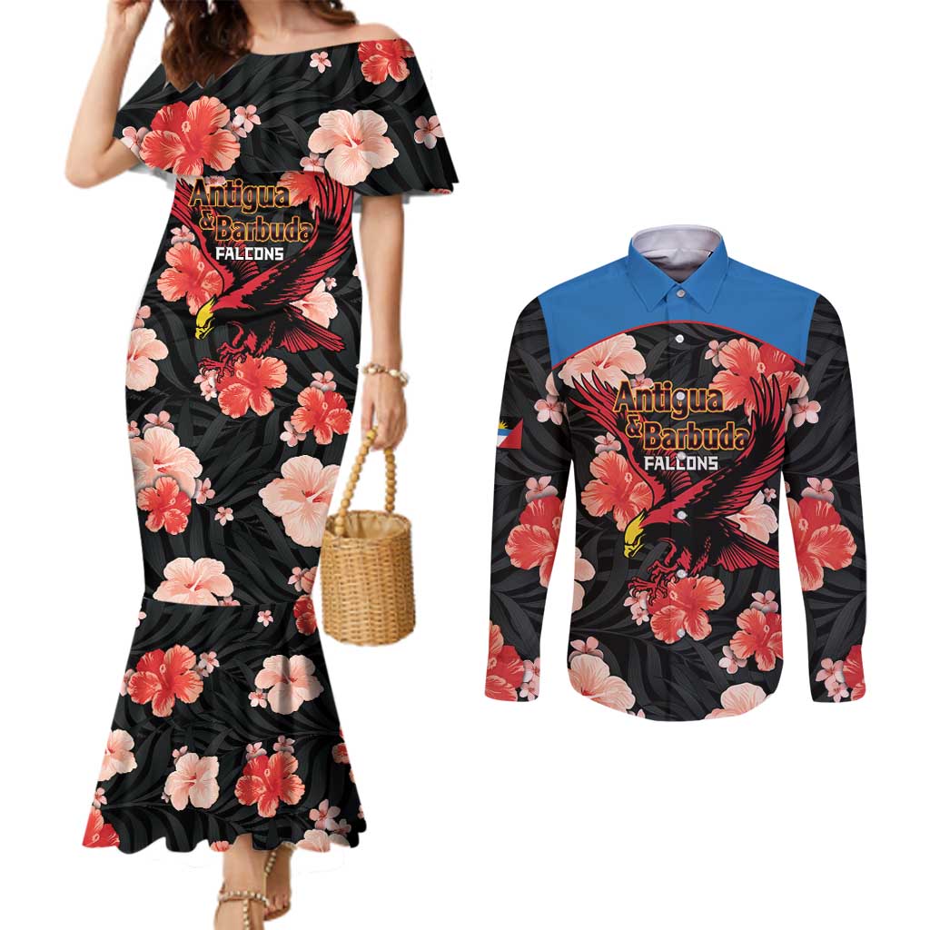 Custom Antigua and Barbuda Cricket Couples Matching Mermaid Dress and Long Sleeve Button Shirt 2025 Go Falcons Tropical Style - Wonder Print Shop