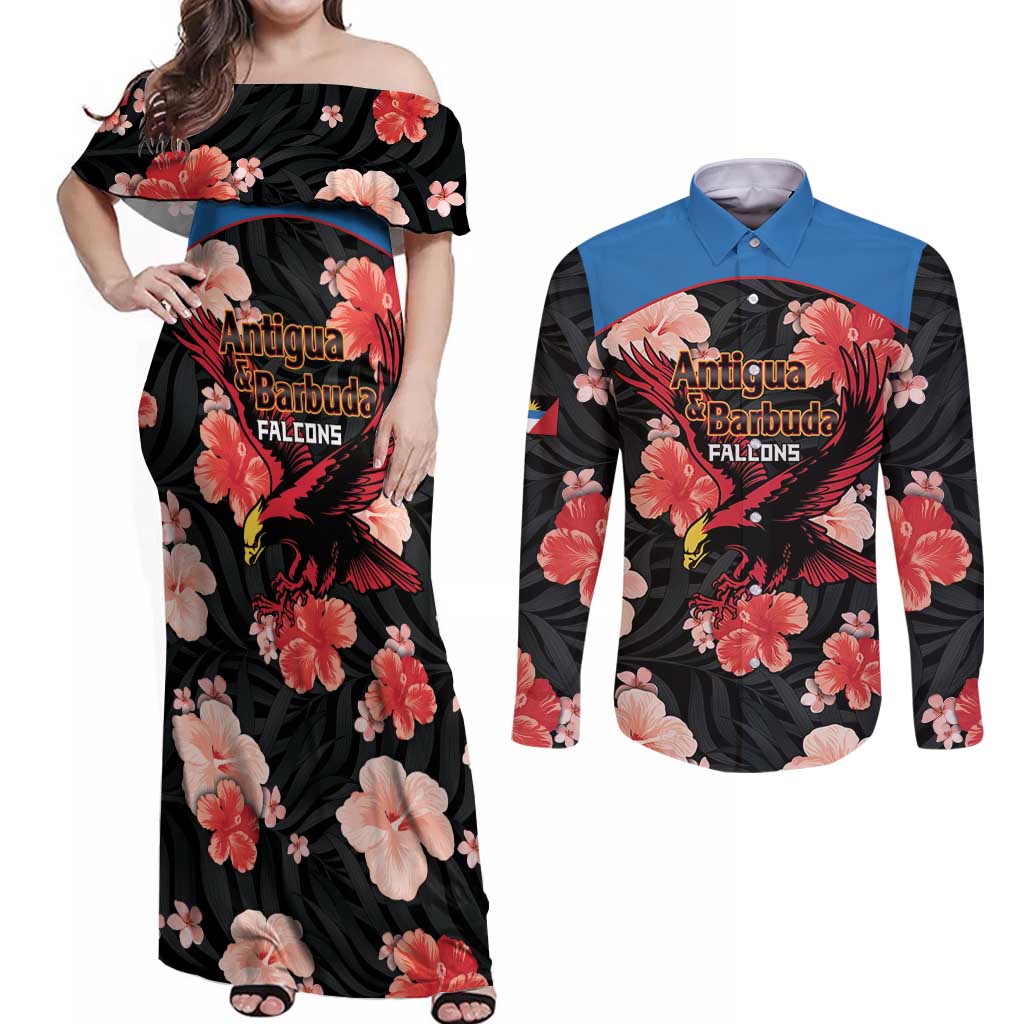 Custom Antigua and Barbuda Cricket Couples Matching Off Shoulder Maxi Dress and Long Sleeve Button Shirt 2025 Go Falcons Tropical Style - Wonder Print Shop