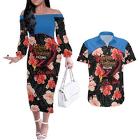 Custom Antigua and Barbuda Cricket Couples Matching Off The Shoulder Long Sleeve Dress and Hawaiian Shirt 2025 Go Falcons Tropical Style - Wonder Print Shop